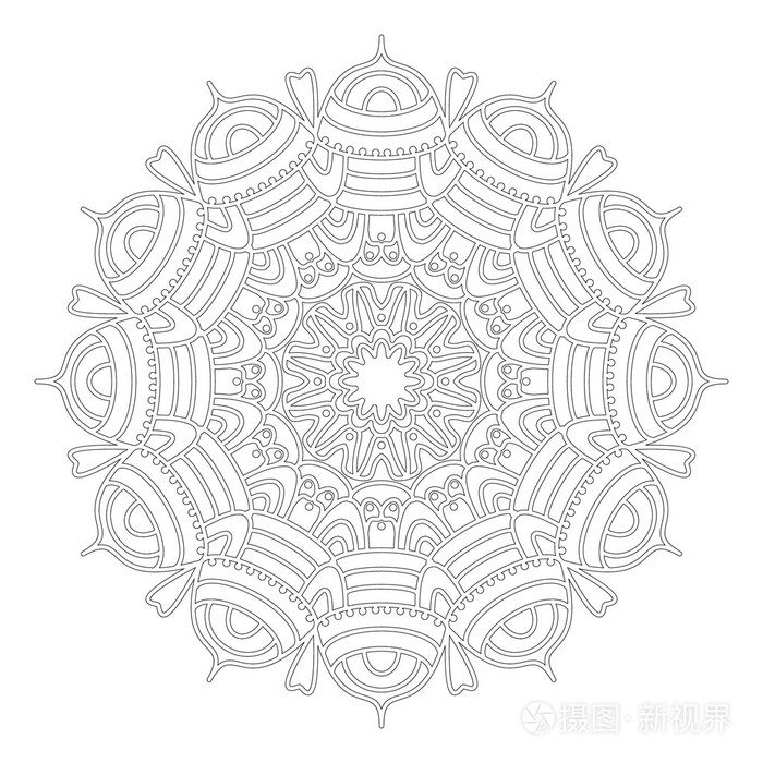 矢量黑白圆几何花边抽象花卉曼陀罗成人着色书页