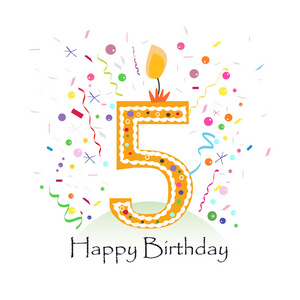 快乐的五岁生日蜡烛矢量与彩色纸屑和气球矢量图背景照片