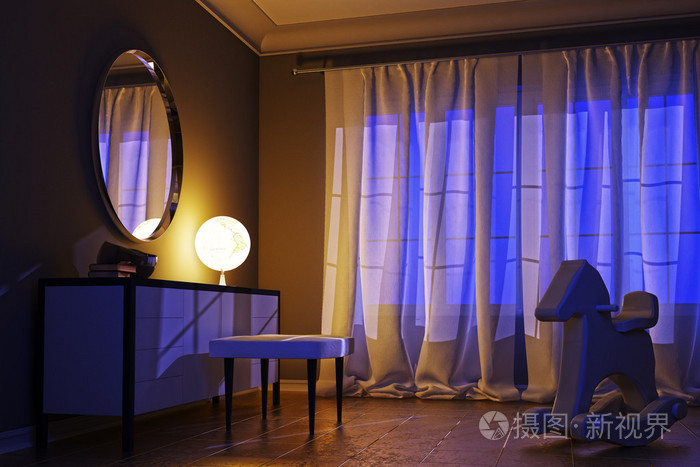 现代风格与不寻常的灯在晚上室内照片-正版商用图片1q81j6-摄图新视界