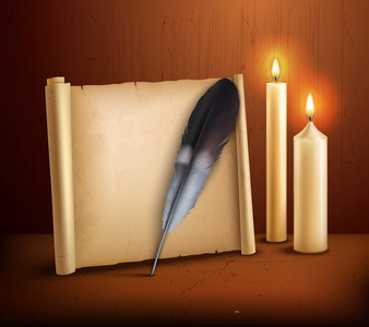羽毛羊皮纸蜡烛现实背景海报图片