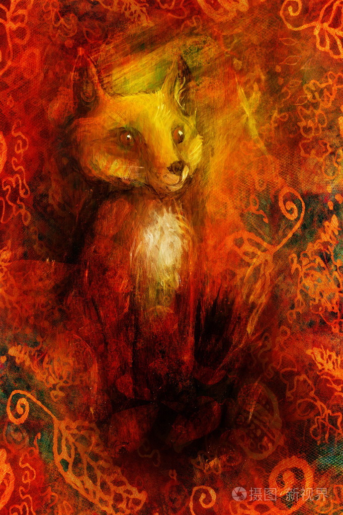 橙色的狐狸坐在草地上阳光五颜六色的绘画与