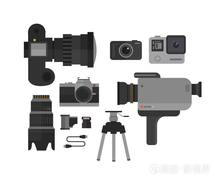 照片和视频相机，图标在平面样式中设置。摄影师工具包矢量图