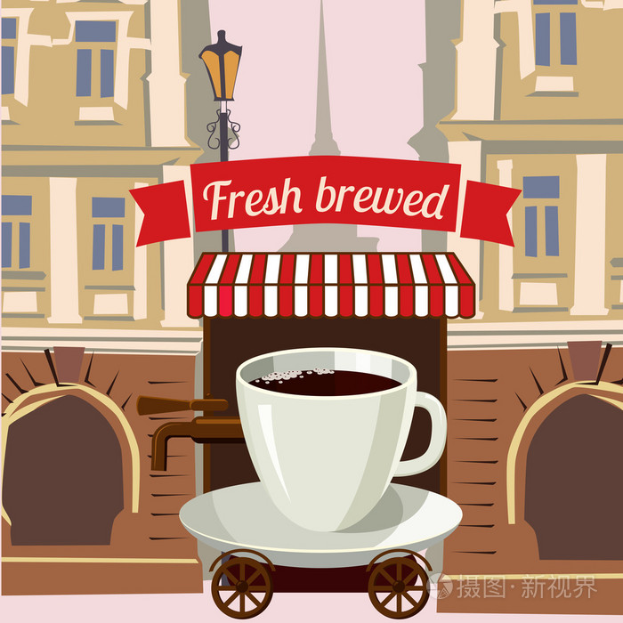 一杯咖啡风格化市 卡通 矢量图在车轮上的街头咖啡厅