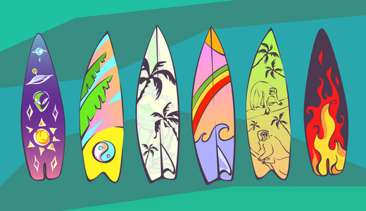 一套卡通漫画冲浪板与原创设计. 向量照片