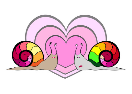 在爱情的相遇中, 有热情的蜗牛, 微笑着, 伸出舌头, 互相盯着对方, 把