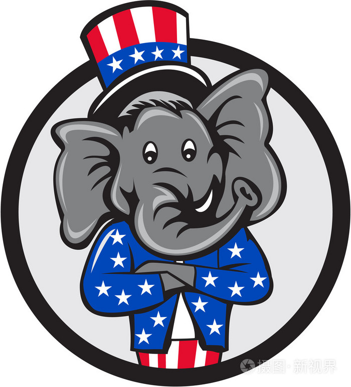 共和党的大象吉祥物双手交叉圆卡通