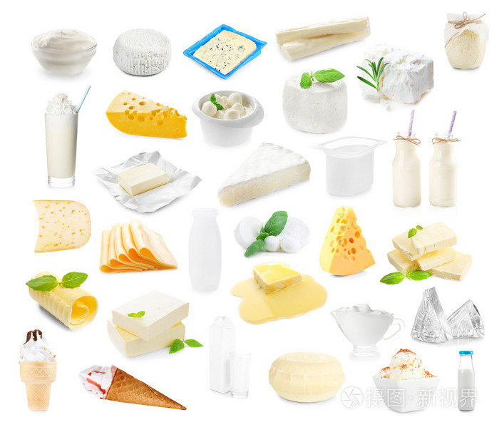不同类型的白色背景上的乳制品奶制品食物拼贴