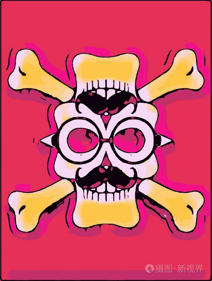 白色和黄色的搞笑骷髅脸胡子和眼镜和粉红色的背景