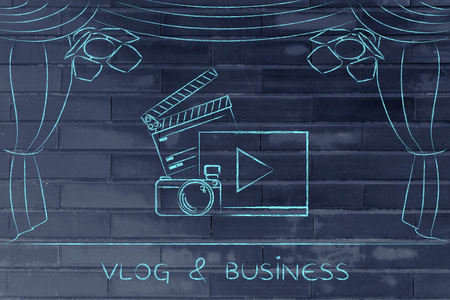 在蓝色背景下隔离, 用于网站设计或徽标矢量在聚光灯下舞台上的vlog