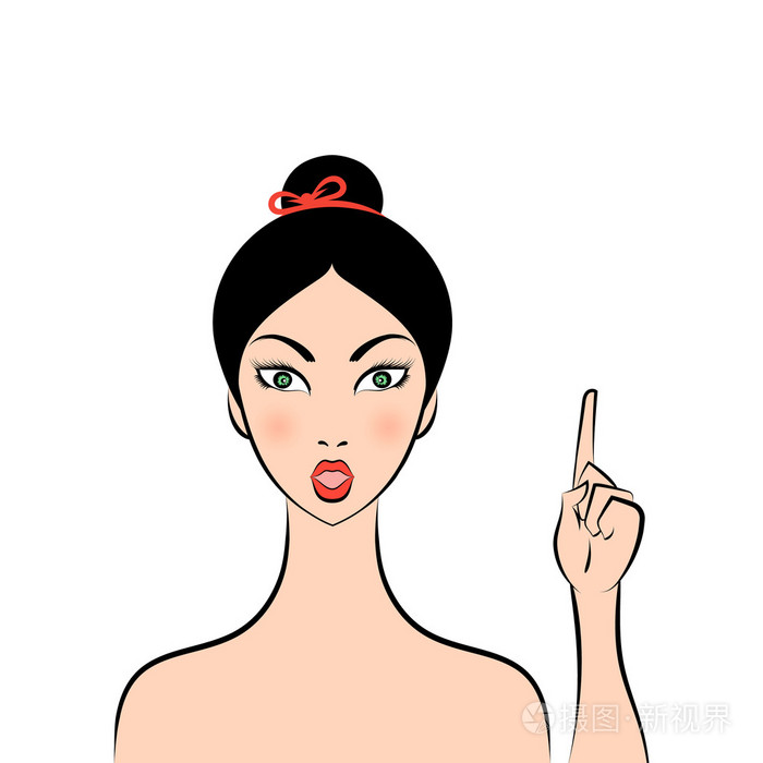 惊讶的女人显示食指