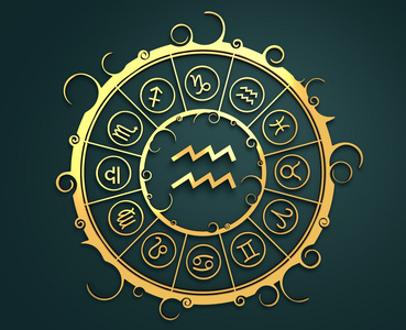 水占卜占星术符号在黄金圆环.挑水的标志照片