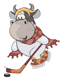 一头小母牛。 曲棍球运动员。 卡通