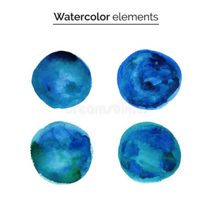 蓝色水彩设计元素。 设置孤立的水彩画圈。