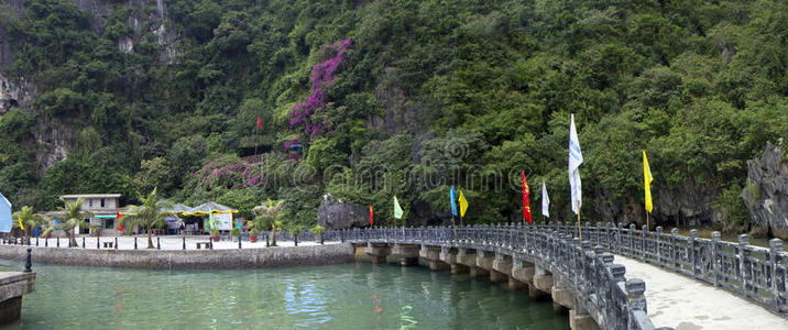 海湾 岩石 风景 自然 旅游业 码头 越南 防波堤 旗帜