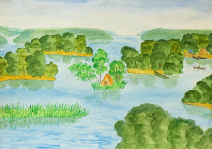 水彩画 水彩 照片 夏天 风景 绘画 帐篷 插图 艺术 好的