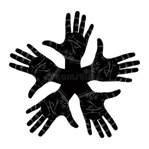 五个张开的手抽象符号，详细的黑白矢量