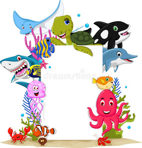 卡通海洋动物与空白标志为您设计
