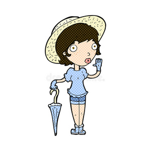 漫画卡通女人在夏天挥舞帽子