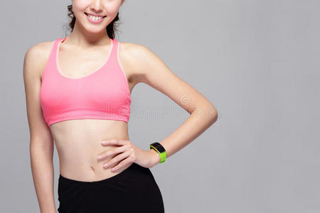 腹部 智能手表 健康 女孩 成人 运动型 慢跑 运行 亚洲