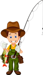 卡通渔夫和鱼卡通渔夫站在帽子和拉净海面,快乐 fishman 认为鱼获量和