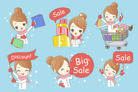 卡通女人在圣诞购物照片