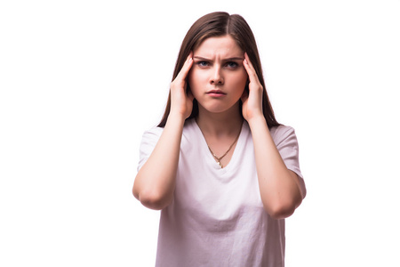 病态女头吧女人抱着她的头在疼痛和不适照片