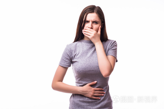 关于生病的女人要扔掉,呕吐, 恶心呕吐, 投掷孤立在白色背景