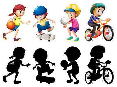 孩子们做不同运动设置与剪影照片