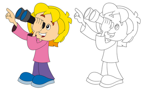 望远镜插画卡通儿童女孩希望通过双筒望远镜分离彩页儿童插画照片