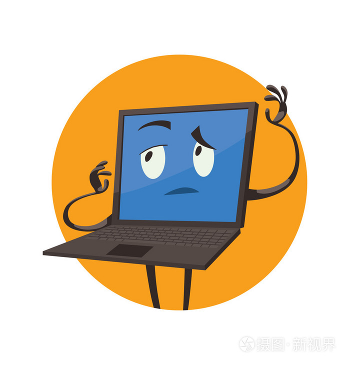 圆圆的橙色框架笔记本电脑他的面部表情周到