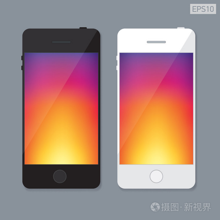 黑色和白色的智能手机，明亮的背景上的屏幕，橙色和紫色网格背景，矢量设计平面物体