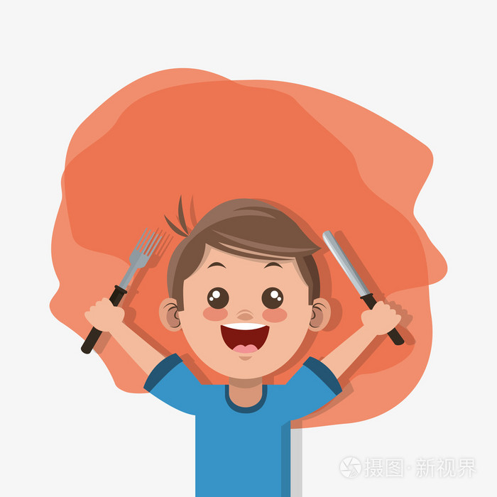 快乐的孩子拿着刀和叉会徽图像
