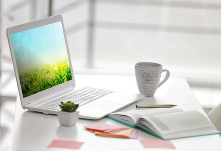 丁香和笔记本的彩色背景与空间插入文本.简约, 顶级景观, 职场.