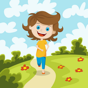 穿过一片草地的孩子照片