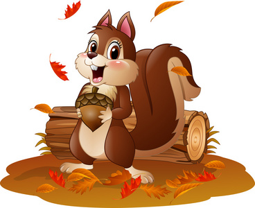秋天搞笑卡通搞笑松鼠拿松果在秋天的天气照片