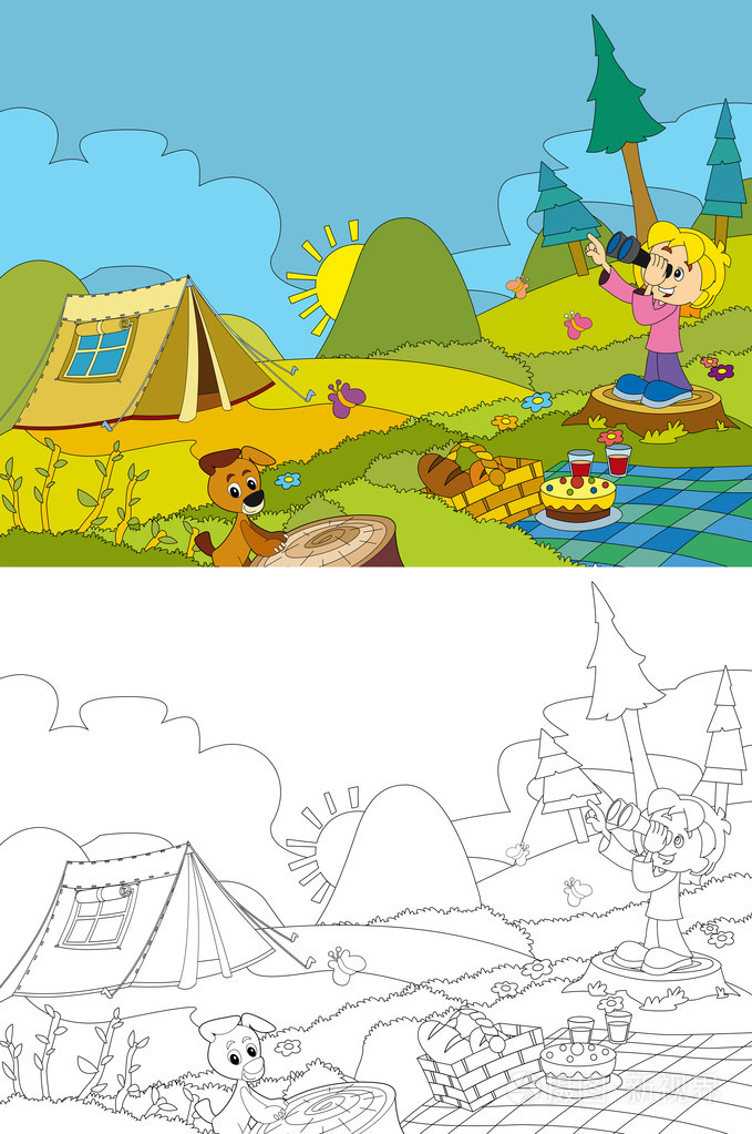 在山上露营的卡通场景野餐女孩和她和狗,为孩子们提供彩色页面插图