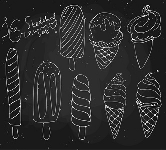 设置冰淇淋图-黑色的黑板上草绘甜点插画