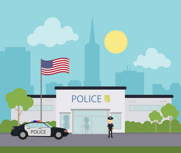 间客房市警察局与地方为文本-现代矢量图警察局大楼矢量设计卡通场景