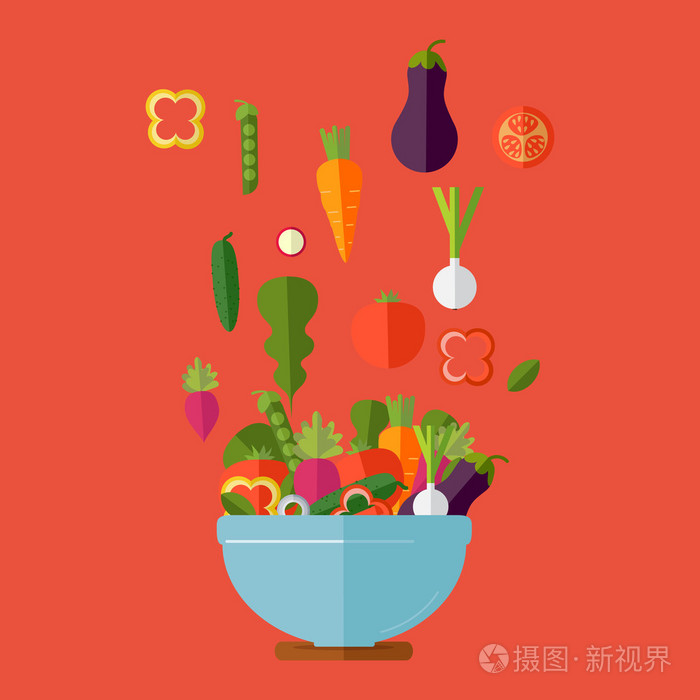插画 烹饪与新鲜的蔬菜沙拉.平面样式.矢量怡乐思.eps
