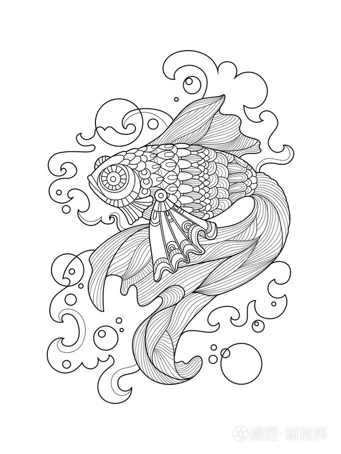 黄金鱼着色书为成年人矢量的插画-正版商用图片1qov1y-摄图新视界