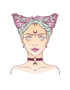 亚文化的年轻女孩与项链和黑暗的月亮照片