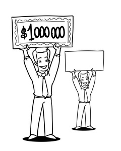 卡通人物为 100 万美金的支票.显示空白的招牌微笑着年轻的商人照片