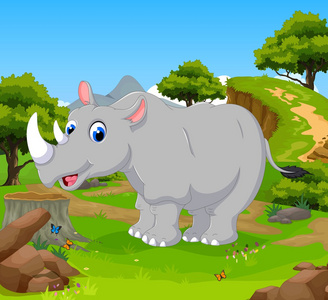 有趣的犀牛卡通在丛林风景背景图片