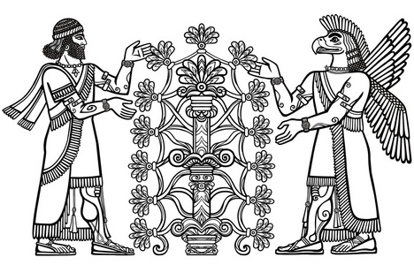 苏美尔神话的字符.孤立在白色背景上的线性素描.