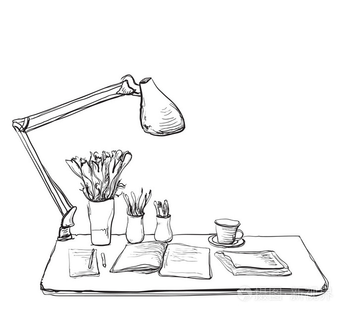 工作场所用的笔记本电脑室内的素描