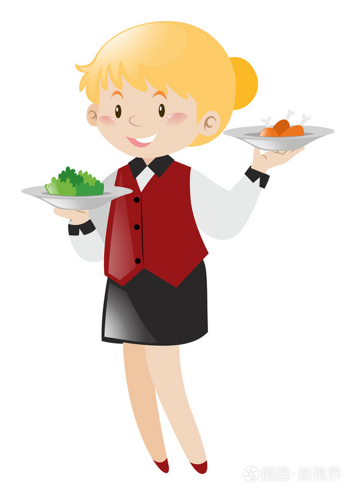 女服务员服务在白色背景上的食物