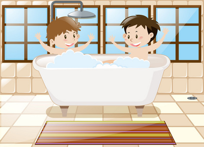 两个男孩一起在浴缸里洗澡照片
