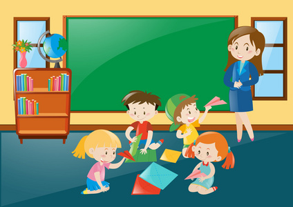 学生在课堂中折叠纸模插画
