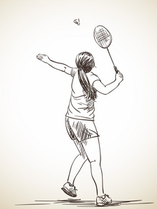 草绘的女子羽毛球运动员羽毛球线图标运动素描图案.