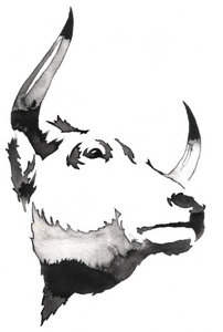 向量一个男孩在一头母牛上绘画抽象水彩乡村景观.